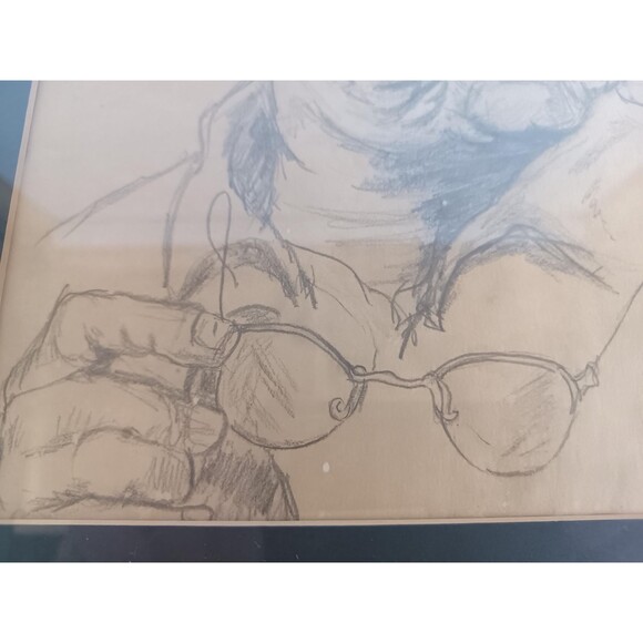 Old Man Holding His Glasses Framed Pencil Portrait Unknown Artist - Picture 3 of 10